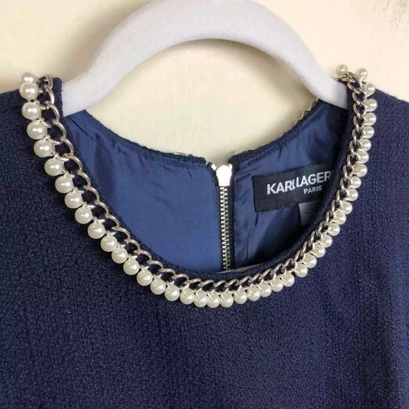 Karl Lagerfeld Paris Navy Blue Tweed Pearl Dress - Picture 5 of 5